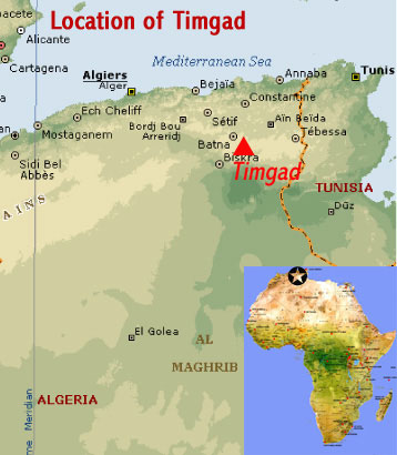Mapa mostrando a localização de Timgad património mundial (Argélia), a guarnição da cidade nas fronteiras do Império Romano na África