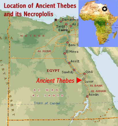 Map showing the location of the UNESCO world heritage site, Ancient Thebes and its Necropolis at Luxor, Egypt