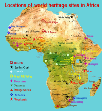 Map showing the locations of all 41 UNESCO natural world heritage sites in Africa