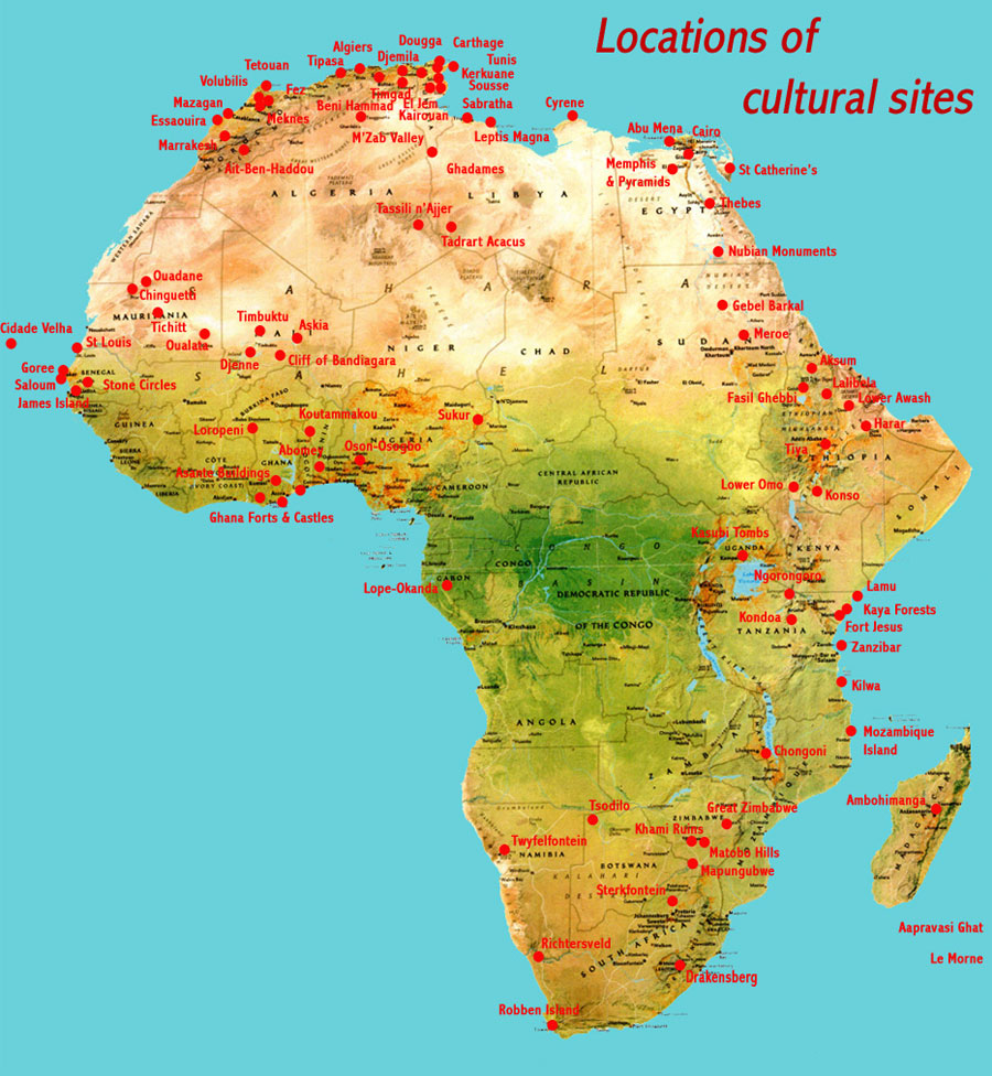 Map showing the locations of all Africa's UNESCO cultural world heritage sites