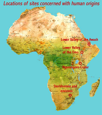 Map showing the locations of the four UNESCO world heritage sites in eastern and southern Africa where hominid fossil discoveries have helped our understanding of human origins and evolution