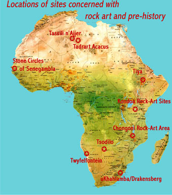 Map showing the locations of Africaâs nine UNESCO world heritage sites featuring rock-art and pre-historic stone stelae and circles