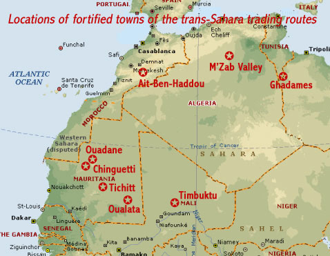 kaart met de locaties van acht oude steden van de trans-Sahara handelsroutes aangewezen als UNESCO world heritage sites