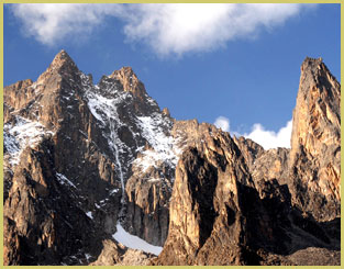 The jagged summit peaks of Mount Kenya National Park, one of the UNESCO natural world heritage sites in Africa's mountain biome