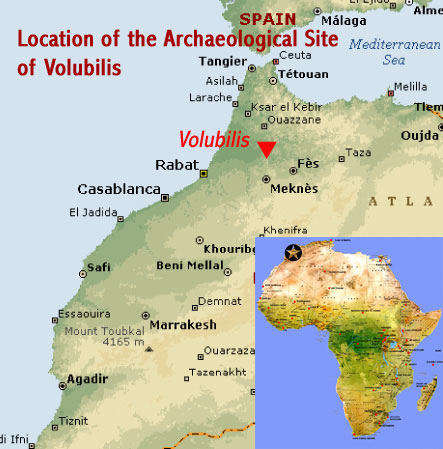 Mapa mostrando a localização do Sítio Arqueológico de Volubilis patrimônio mundial da UNESCO, uma cidade comercial na fronteira do Império Romano em Marrocos (norte da África)