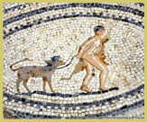 en af de fine mosaikker på Det Arkæologiske Sted Volubilis (UNESCOs verdensarvssted) en handelsby ved grænsen til det romerske imperium i Marokko (Nordafrika)